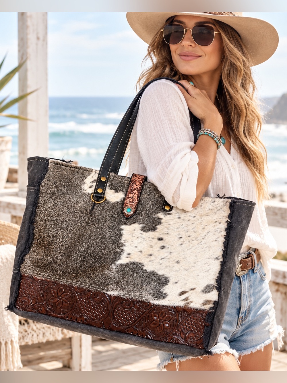 Myra Cowhide Weekender Bag XL Western Tooled Leather Travel Tote NWT
